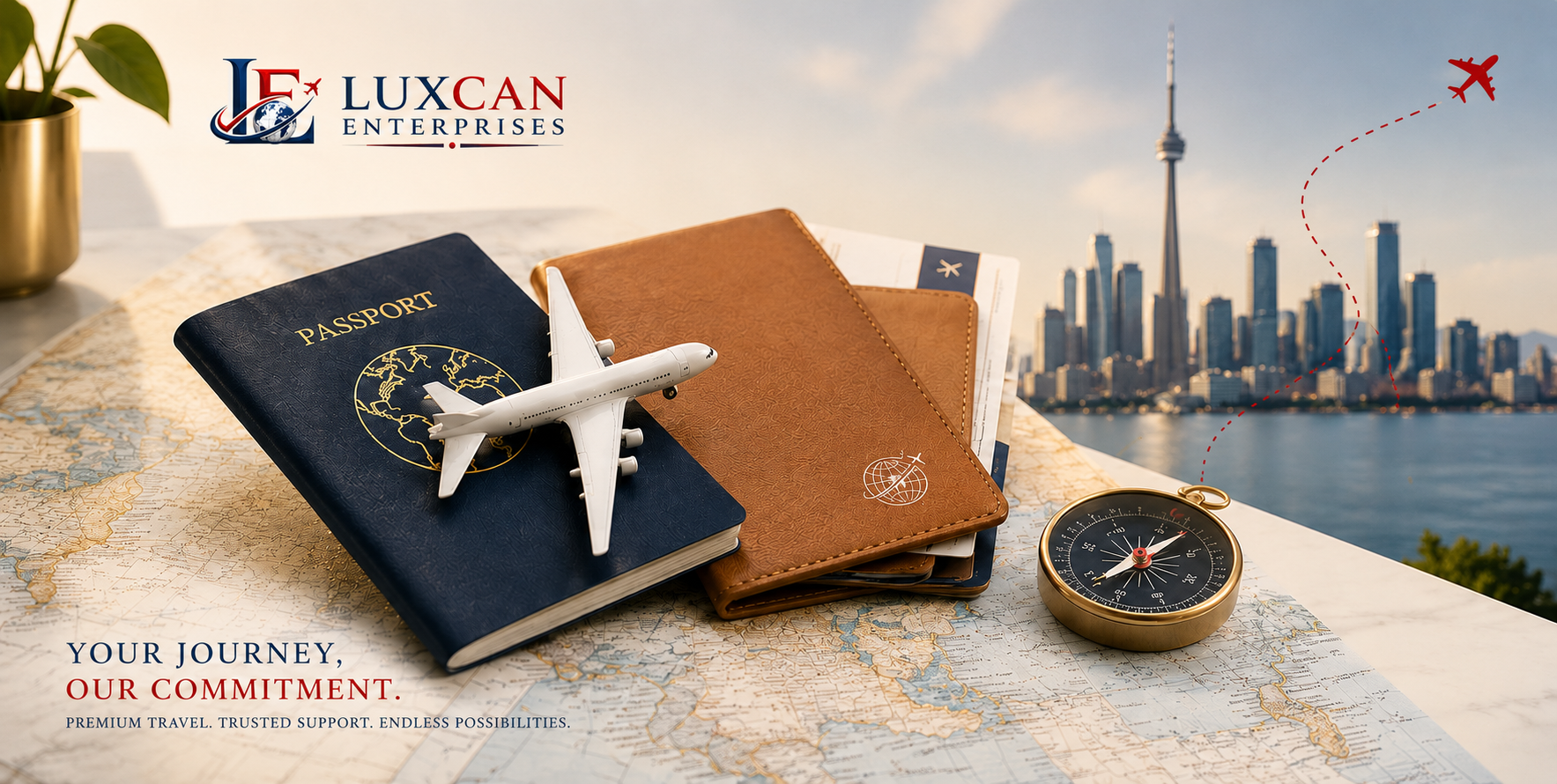 Passport, airplane, compass and global travel planning scene